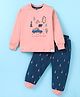 Teddy Sinker Knit Full Sleeves T-Shirt & Lounge Pants Set With Camping Theme Print - Pink  & Navy