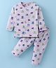 Doreme Single Jersey Knit Full Sleeves Front Open Printed Night Suit - Lilac