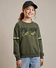 Doreme Terry Knitted Full Sleeves Sweatshirt With Text Print - Olive Green