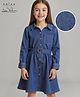 Arias 100% Cotton Woven Full Sleeves Solid Colour Denim Shirt Style Frock With Belt - Navy Blue