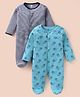 I Bears Interlock Knit Full Sleeves Sleep Suits With Stripes & Animal Print Pack Of 2 - Black & Blue