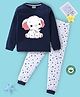 BLUSHES 100% Cotton Knit Full Sleeves Elephant Printed Tee With Pajama Set - Navy Blue & White