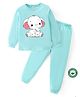 BLUSHES 100% Cotton Knit Full Sleeves Elephant Printed Tee With Pajama Set - Sea Green