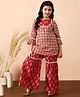 Stylo Bug Cotton Three Fourth Frilled Sleeves Floral Printed & Pompom Lace Embellished Kurta & Sharara Set - Red