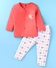 Simply Interlock Knit Full Sleeves Front Open Night Suit With Checks & Bear Print - Red & White