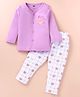Simply Interlock Knit Full Sleeves Front Open Night Suit With Checks & Bear Print - Mauve & White