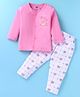 Simply Interlock Knit Full Sleeves Front Open Night Suit With Checks & Bear Print - Pink & White