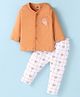 Simply Interlock Knit Full Sleeves Front Open Night Suit With Checks & Bear Print - Bronze & White
