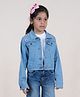 Kiddopanti Full Sleeves Flower Patch Detailed Crop Denim Jacket - Light Blue