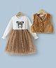 Kookie Kids Full Sleeves Cheetah Print Designed Party Frock With Fur Jacket - White