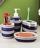 VarEesha Indigo Blue Stripes Ceramic Four Piece Bathroom Accessories Set - Soap Dispenser with Accessories
