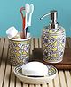 VarEesha Manohar Yellow White Ceramic Cylindrical Bathroom Set of Three - Soap Dispensar, Tumbler with Soap Dish