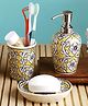 VarEesha Manohar Yellow White Ceramic Taper Bathroom Set of Three - Soap Dispensar, Tumbler with Soap Dish