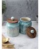 VarEesha Sky Blue Shaded Embossed Ceramic Air Tight Jars/ Barnis with Wooden Lids - Set of Two