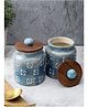 VarEesha Blue Square Embossed Ceramic Air Tight Jars/ Barnis with Wooden Lids - Set of Two