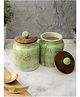 VarEesha Green Shaded Embossed Ceramic Air Tight Jars/ Barnis with Wooden Lids - Set of Two