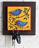 VarEesha Hand Painted Blue Bird Yellow Wooden Square Key Holder with Four Pegs - Neel Collection