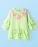 Babyhug Knitted Full Sleeves A Line Dress with Floral Embroidery & Frill Detailing - Light Green