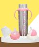 The Cheeky Kidzz Baby Multi-Functional 3 in 1 Printed Stainless Steel Attractive Thermal Baby Straw Nipple Feeding Water Juices Milk Sipper 240 ml Feeder Bottle - Pink Butterfly