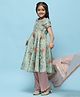 BIBA Half Sleeves Floral Printed & Embroidered & Sequins & Lace Embellished Kurta & Pant With Dupatta Set - Green