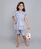 Little Clothing Cotton Woven Bat Wing Half Sleeves Floral Printed & Pompom Lace Detailed Kaftan Top & Coordinating Shorts Set - Blue
