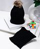 PASSION PETALS Fleece Cable Knit Designed & Pompom Embellished Warm Cap With Scarf Ear Cap Set - Black