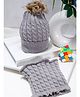 PASSION PETALS Fleece Cable Knit Designed & Pompom Embellished Warm Cap With Scarf Ear Cap Set - Grey