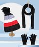 PASSION PETALS Fleece Pompom Embellished Colour Blocked Warm Cap With Scarf Muffler & Gloves - Black Red & Grey
