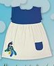 Pranava 100% Organic Cotton Short Sleeves Peacock Embroidered Polka Dots Printed Dress - White & Navy Blue