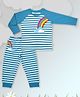Pranava 100% Organic Cotton Full Sleeves Rainbow Embroidered Raglan Striped Tee & Pant Set - Blue
