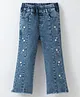 Kookie Kids Full Length Washed Denim Bell Bottom Jeans with Floral Embroidery - Blue