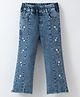 Kookie Kids Full Length Washed Denim Bell Bottom Jeans with Floral Embroidery - Blue