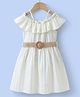 Kookie Kids Off Shoulder Sleeves Solid Colour Frock with Frill Detailing & Belt - Cream