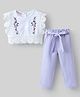 Kookie Kids Sleeveless Top & Legging Set With Floral Embroidery & Lace Detailing - White & Purple