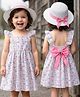 Kookie Kids Frill Sleeves Floral Printed Knee Length Frock with Hat & Bow Applique - Pink