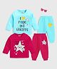 KUCHIPOO Pack Of 2 Full Sleeves Star & I Love Magic & Unicorns Text Printed Tees & Pajamas Set - Pink & Blue