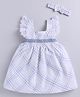 Snuggly MONKEY Poplin Frill Sleeves Checked Smocked Dress With Coordinating Headband - White & Blue