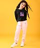 Anthrilo Full Sleeves Space Theme Printed Tee With Fleece Heart Patch Detailed Joggers Set - Black & Pink