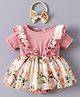 Kookie Kids Half Sleeves Floral Printed Frock Style Onesie with Headband & Bow Applique - Pink