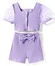 Kookie Kids Cotton Knit Half Sleeves Front Open Ribbed Top & Shorts Set with Bow Applique - Purple