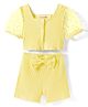 Kookie Kids Cotton Knit Half Sleeves Front Open Ribbed Top & Shorts Set with Bow Applique - Yellow