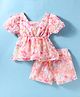 Kookie Kids Half Sleeves Top & Shorts Set With Floral Applique - Pink