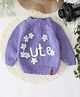Woonie Full Sleeves Handknitted Cute Text Embroidered Sweater - Purple