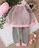 Woonie Full Sleeves Handknitted Striped Sweater Set - Pink
