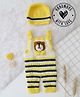 Woonie Sleeveless Crochet Bear Applique Detailed & Striped Dungaree With Cap - Yellow