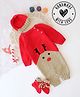 Woonie Full Sleeves Hand Knitted Reindeer Designed Romper With Coordinating Cap & Booties - Red