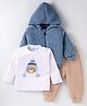 Little Kangaroo Fur Knit Full Sleeves Winter Wear Set Of Front Zipper Hoodie With Printed Inner Tee & Lounge Pants - Blue