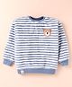 Little Kangaroos Fleece Woven Drop Shoulder Full Sleeves Striped Sweatshirt with Bear Embroidery - Denim Blue