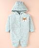 Little Kangaroos Fleece Knit Full Sleeves Winter Wear Hooded Striped Romper With Fox Embroidery- Light Green