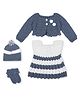Windrop Solutions Wool Crocheted Colour Block Designed Frock Sweater With Full Sleeves Floral Pompom Detailed Shrug Cap & Booties - Grey